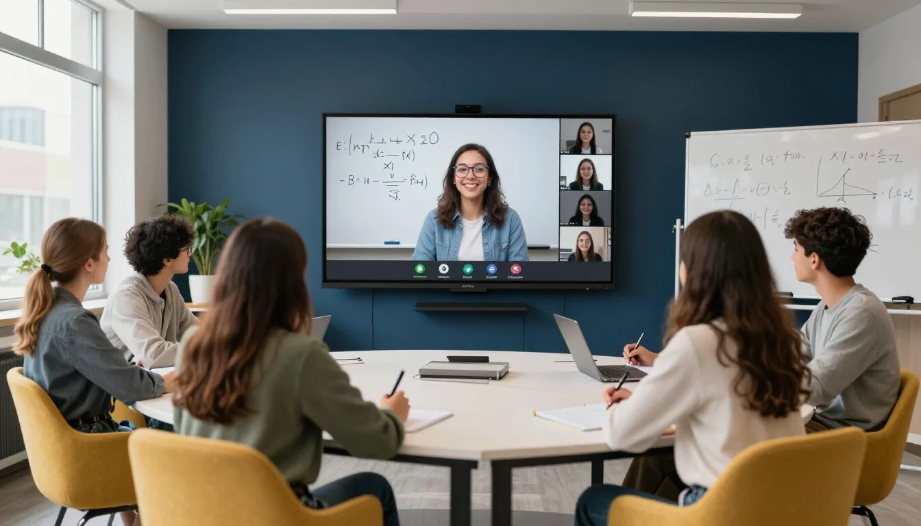 A live JumpEd group class — instructor on screen teaching students around a shared table