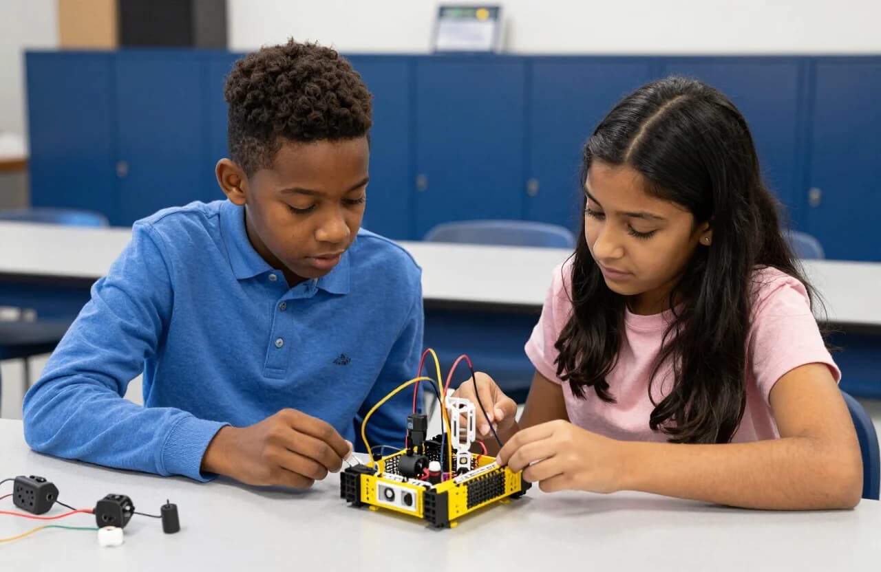 Two middle-school students assembling a robotics kit in a school STEM lab