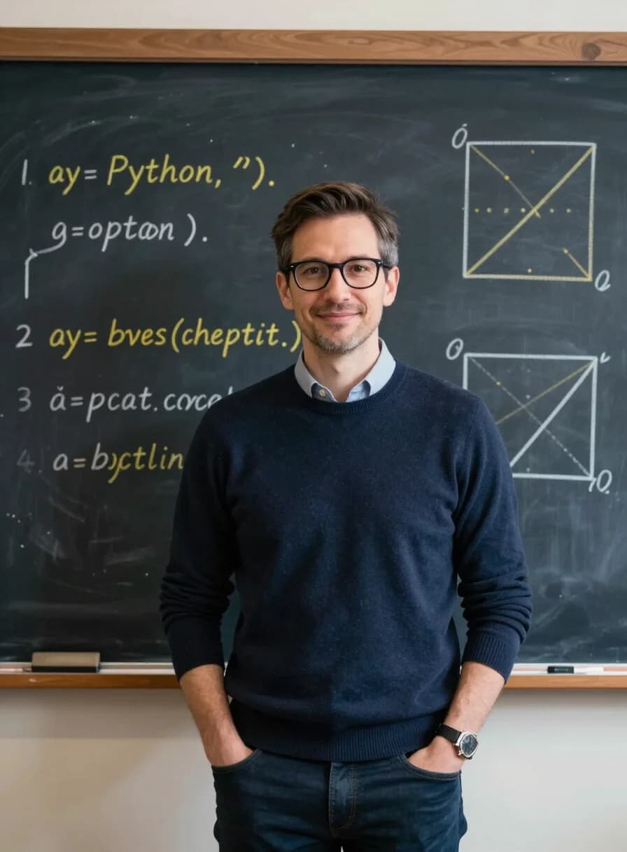 A JumpEd instructor before a chalkboard with code and geometry diagrams