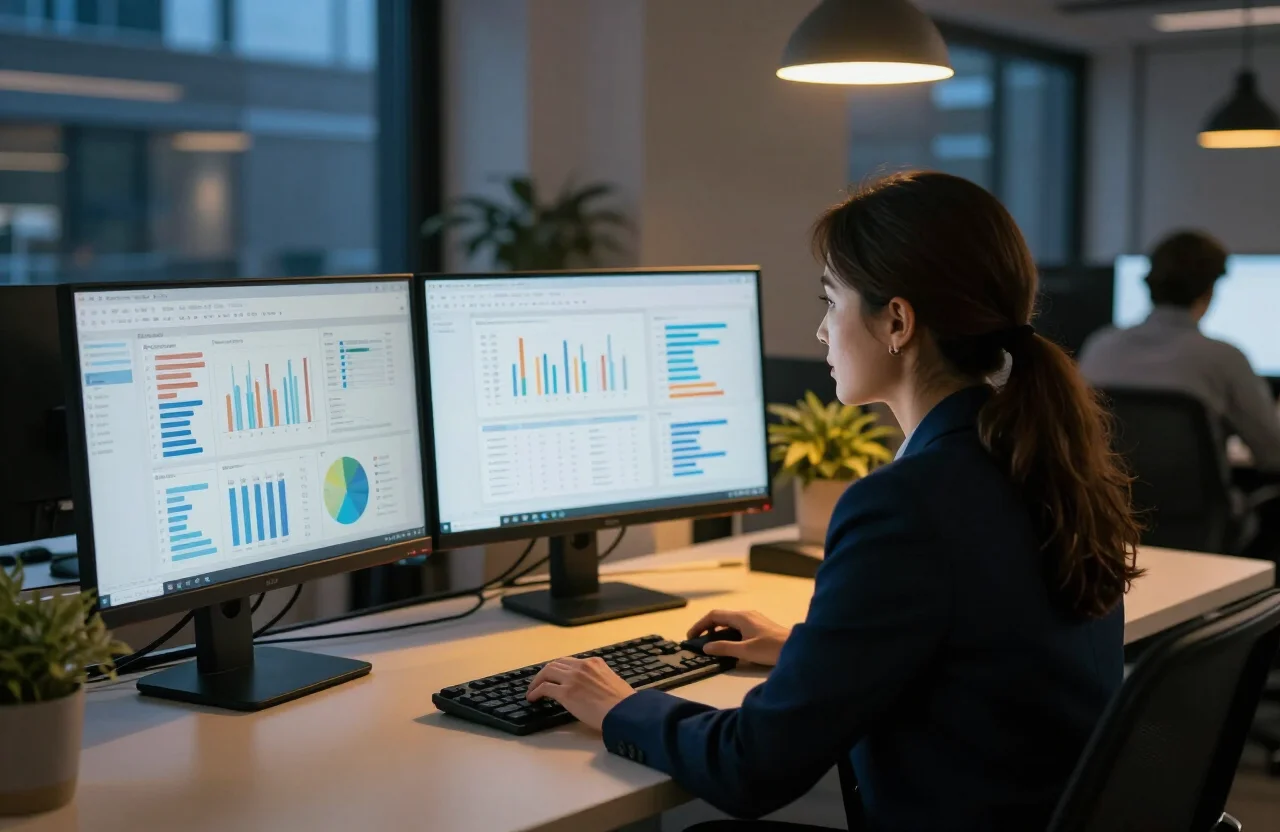 A professional analyzing data dashboards on dual monitors